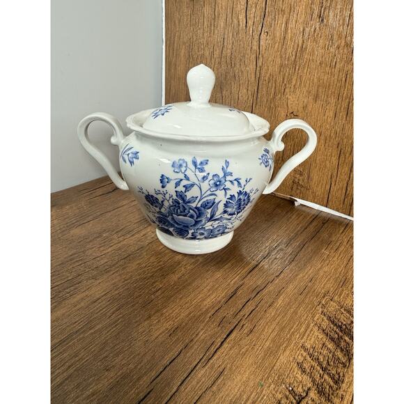 Staffordshire Other - Burleigh Blue Ironstone Bouquet Floral Sugar Bowl England